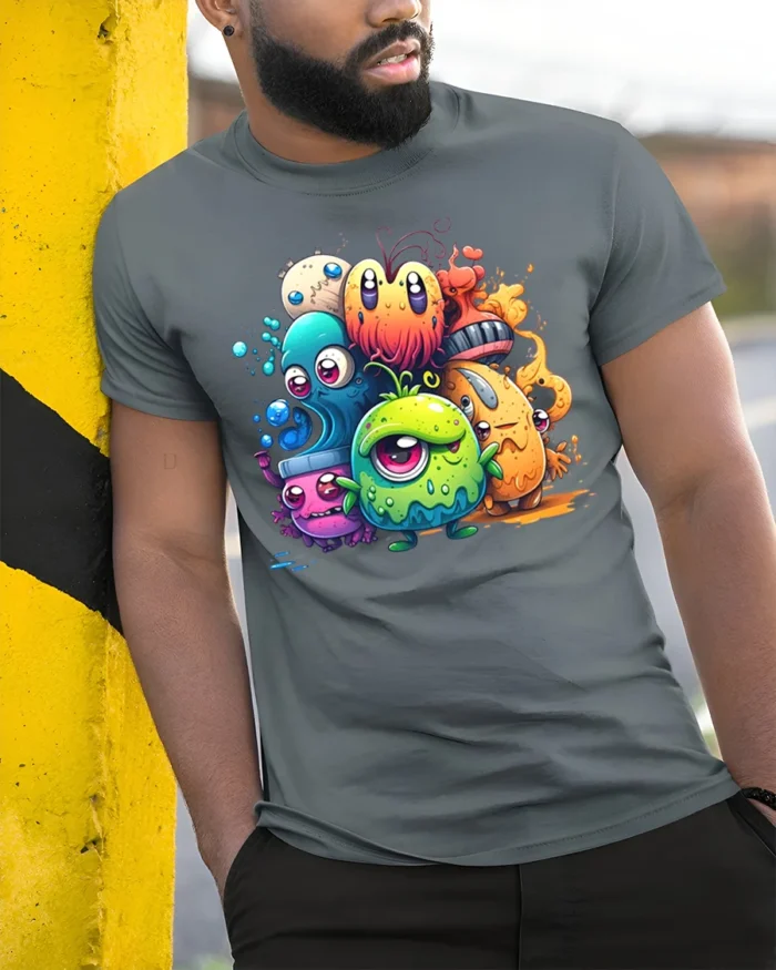 Cute Colorful Monster T-Shirt Funny Cartoon Creature - model in grey shirt leaning against column