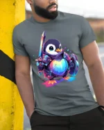 Warrior Penguin T-Shirt Cute Fantasy Sword Armor - model in grey shirt leaning against column