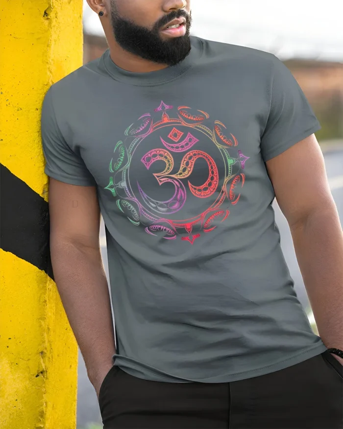 Om Symbol T-Shirt Sacred Yoga Mandala Spiritual - model in grey shirt leaning against column