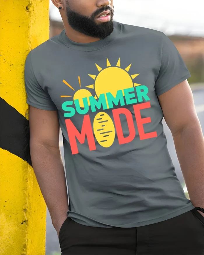 Summer Mode T-Shirt Fun Graphic Tee for Vacation Vibes - model in grey shirt leaning against column