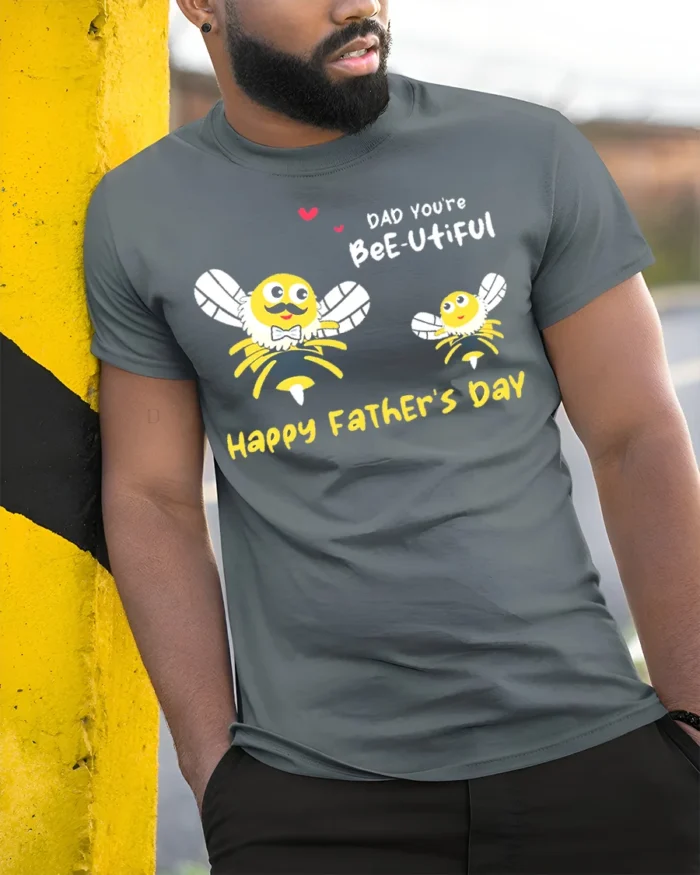 Dad You’re Bee utiful Father’s Day Funny Tshirt Gift - model in grey shirt leaning against column