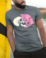 Life and Death Face Split T-Shirt Bold Graphic Streetwear - model in grey shirt leaning against column
