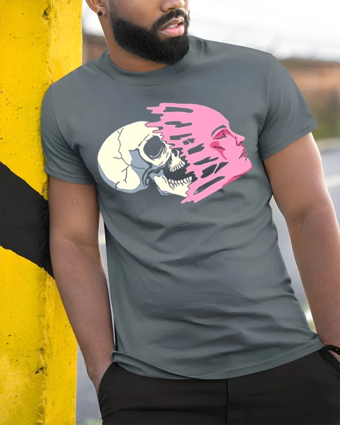 Life and Death Face Split T-Shirt Bold Graphic Streetwear - model in grey shirt leaning against column