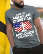 American Christian Patriotic T-Shirt Faith and Freedom - model in grey shirt leaning against column