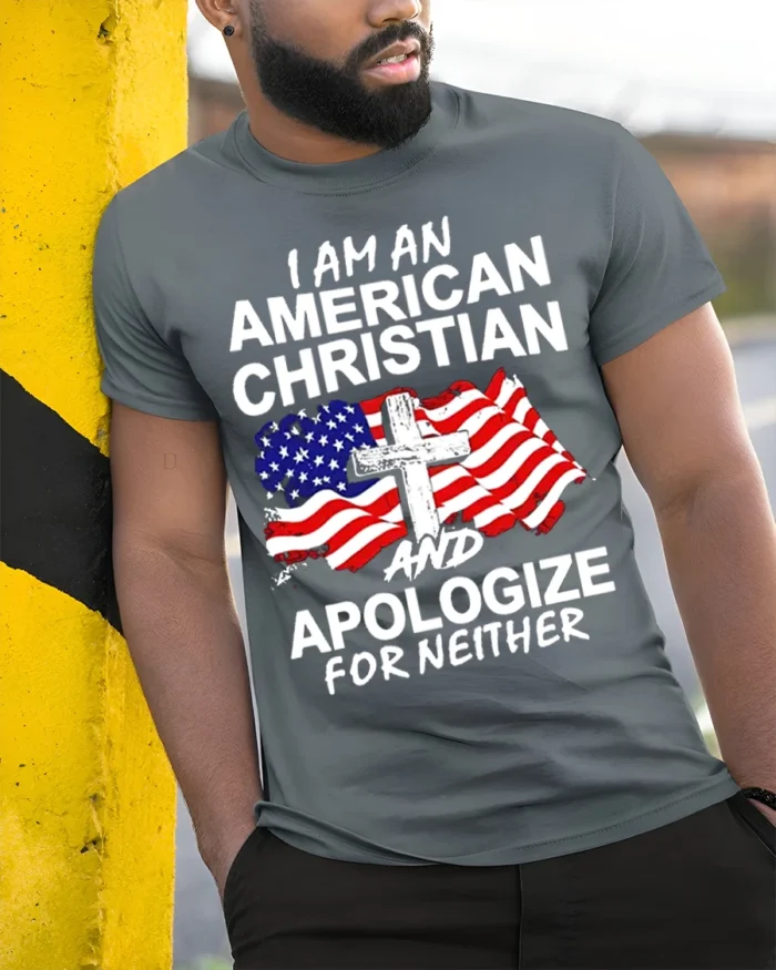 American Christian Patriotic T-Shirt Faith and Freedom - model in grey shirt leaning against column