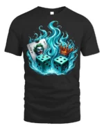 Flaming Dice Joker T-Shirt Bold Casino King Graphic - black t-shirt on white background