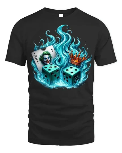 Flaming Dice Joker T-Shirt Bold Casino King Graphic - black t-shirt on white background