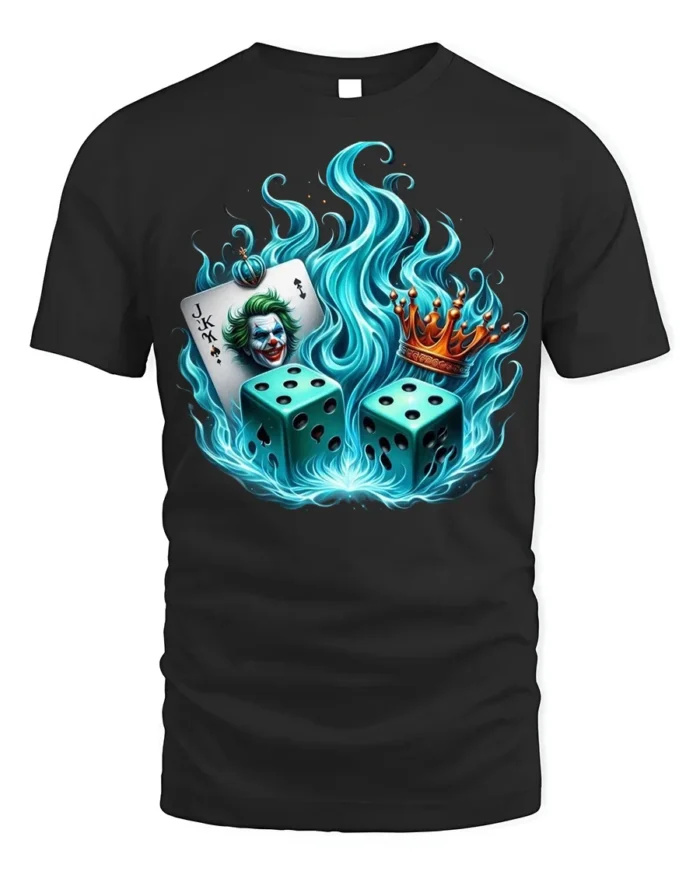 Flaming Dice Joker T-Shirt Bold Casino King Graphic - black t-shirt on white background