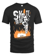 Skate or Die T-Shirt Cool Skull Fire Skater Graphic - black t-shirt on white background