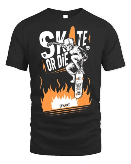 Skate or Die T-Shirt Cool Skull Fire Skater Graphic - black t-shirt on white background