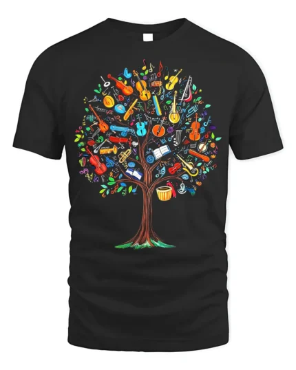Colorful Music Tree T-Shirt Musical Instruments - black t-shirt on white background