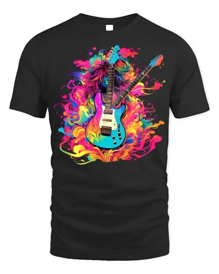 Psychedelic Electric Guitar T-Shirt Color Blast Rock - black t-shirt on white background