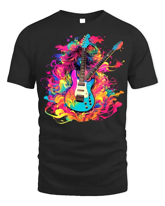 Psychedelic Electric Guitar T-Shirt Color Blast Rock - black t-shirt on white background