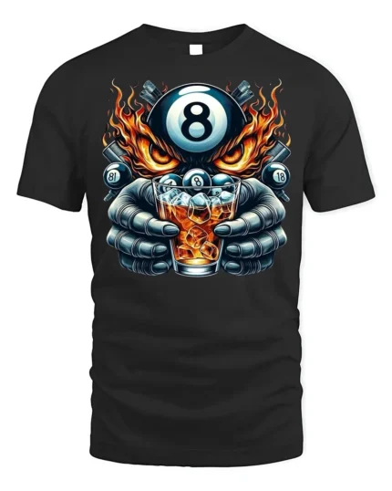 8 Ball Whiskey T-Shirt Billiards Fire Graphic Tee - black t-shirt on white background