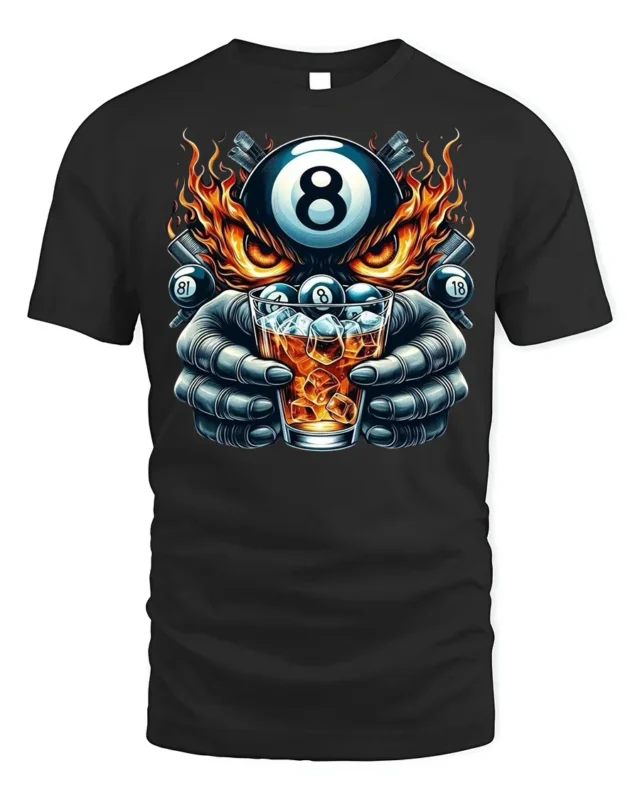 8 Ball Whiskey T-Shirt Billiards Fire Graphic Tee - black t-shirt on white background