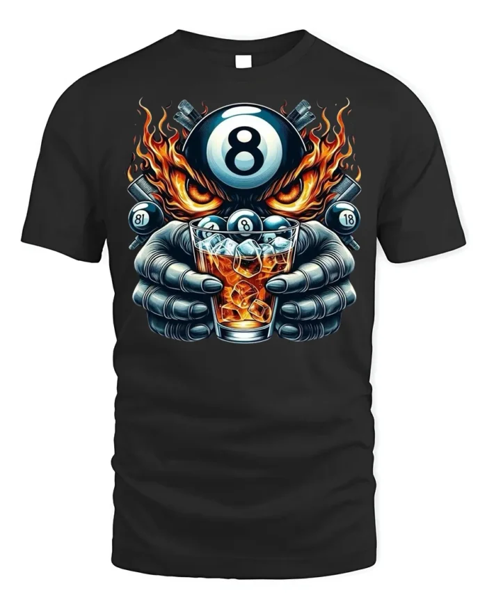 8 Ball Whiskey T-Shirt Billiards Fire Graphic Tee - black t-shirt on white background