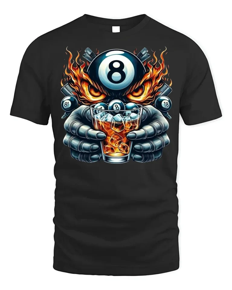 8 Ball Whiskey T-Shirt Billiards Fire Graphic Tee - black t-shirt on white background