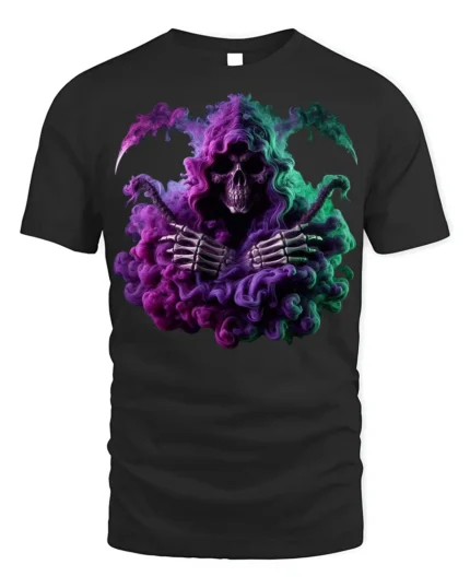 Grim Reaper Smoke T-Shirt Neon Skull Graphic Tee - black t-shirt on white background