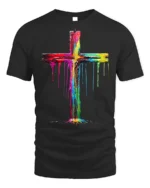 Color Drip Cross T-Shirt Christian Faith Art Tee - black t-shirt on white background