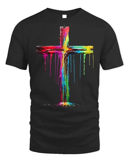 Color Drip Cross T-Shirt Christian Faith Art Tee - black t-shirt on white background