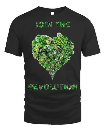 Join the Revolution T-Shirt Eco Biking Green Heart - black t-shirt on white background