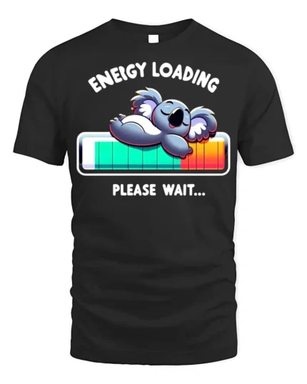 Energy Loading T-Shirt Funny Koala Sleep Graphic - black t-shirt on white background