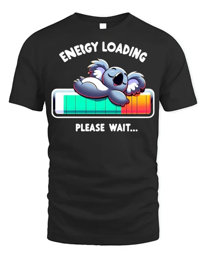 Energy Loading T-Shirt Funny Koala Sleep Graphic - black t-shirt on white background