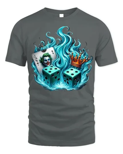 Flaming Dice Joker T-Shirt Bold Casino King Graphic - gray t-shirt on white background