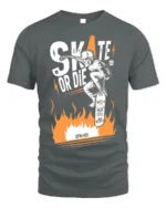 Skate or Die T-Shirt Cool Skull Fire Skater Graphic - gray t-shirt on white background