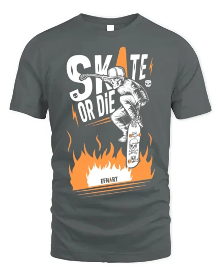 Skate or Die T-Shirt Cool Skull Fire Skater Graphic - gray t-shirt on white background
