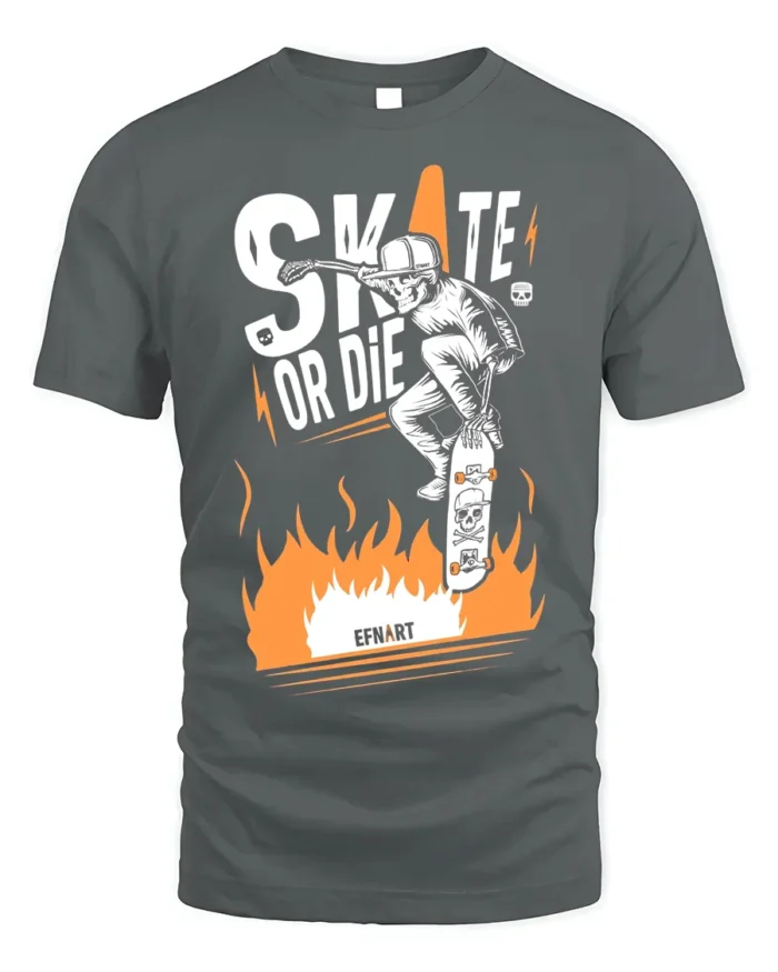 Skate or Die T-Shirt Cool Skull Fire Skater Graphic - gray t-shirt on white background