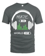 Music On World Off T-Shirt Headphones Audio Graphic - gray t-shirt on white background