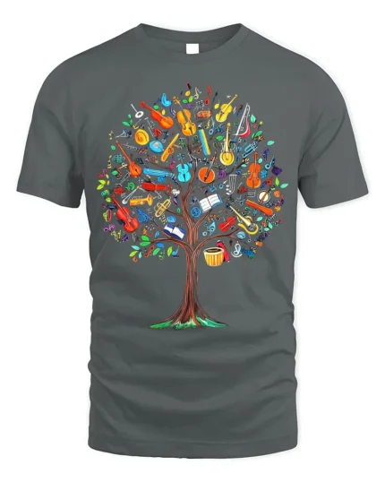 Colorful Music Tree T-Shirt Musical Instruments - gray t-shirt on white background