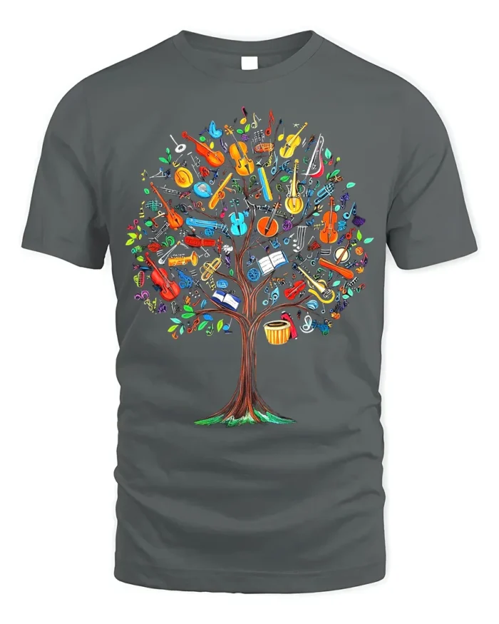 Colorful Music Tree T-Shirt Musical Instruments - gray t-shirt on white background