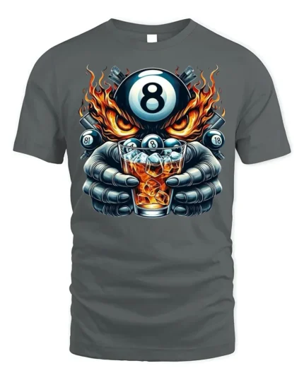 8 Ball Whiskey T-Shirt Billiards Fire Graphic Tee - gray t-shirt on white background