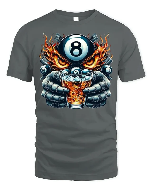 8 Ball Whiskey T-Shirt Billiards Fire Graphic Tee - gray t-shirt on white background
