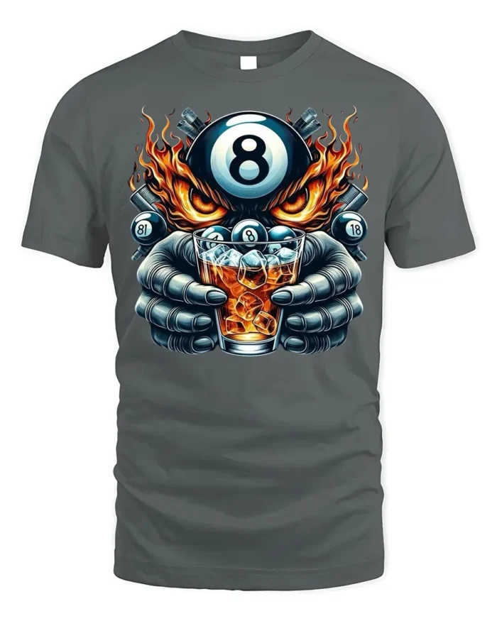 8 Ball Whiskey T-Shirt Billiards Fire Graphic Tee - gray t-shirt on white background