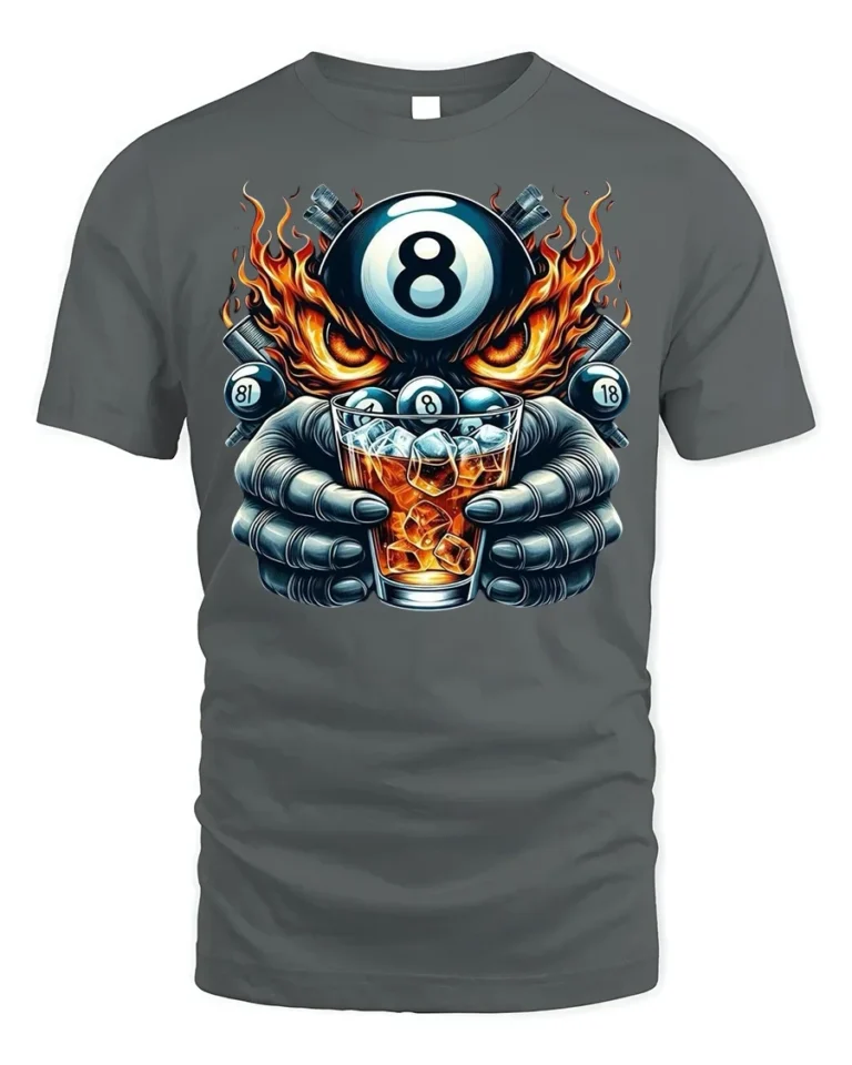 8 Ball Whiskey T-Shirt Billiards Fire Graphic Tee - gray t-shirt on white background