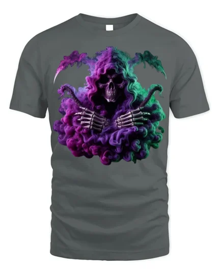 Grim Reaper Smoke T-Shirt Neon Skull Graphic Tee - gray t-shirt on white background