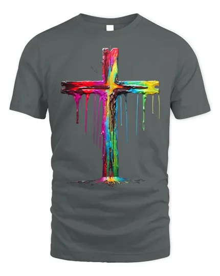 Color Drip Cross T-Shirt Christian Faith Art Tee - gray t-shirt on white background