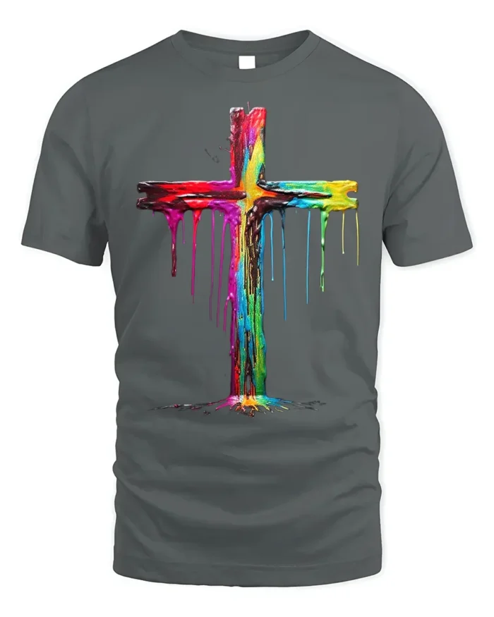 Color Drip Cross T-Shirt Christian Faith Art Tee - gray t-shirt on white background