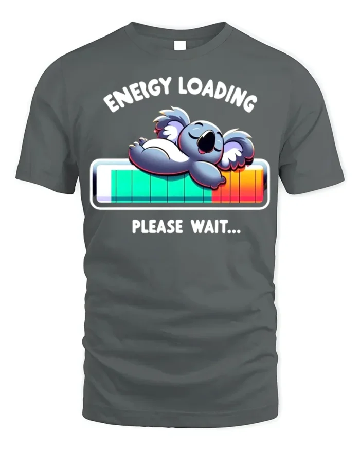Energy Loading T-Shirt Funny Koala Sleep Graphic - gray t-shirt on white background