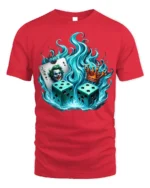 Flaming Dice Joker T-Shirt Bold Casino King Graphic - red t-shirt on white background