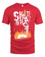 Skate or Die T-Shirt Cool Skull Fire Skater Graphic - red t-shirt on white background