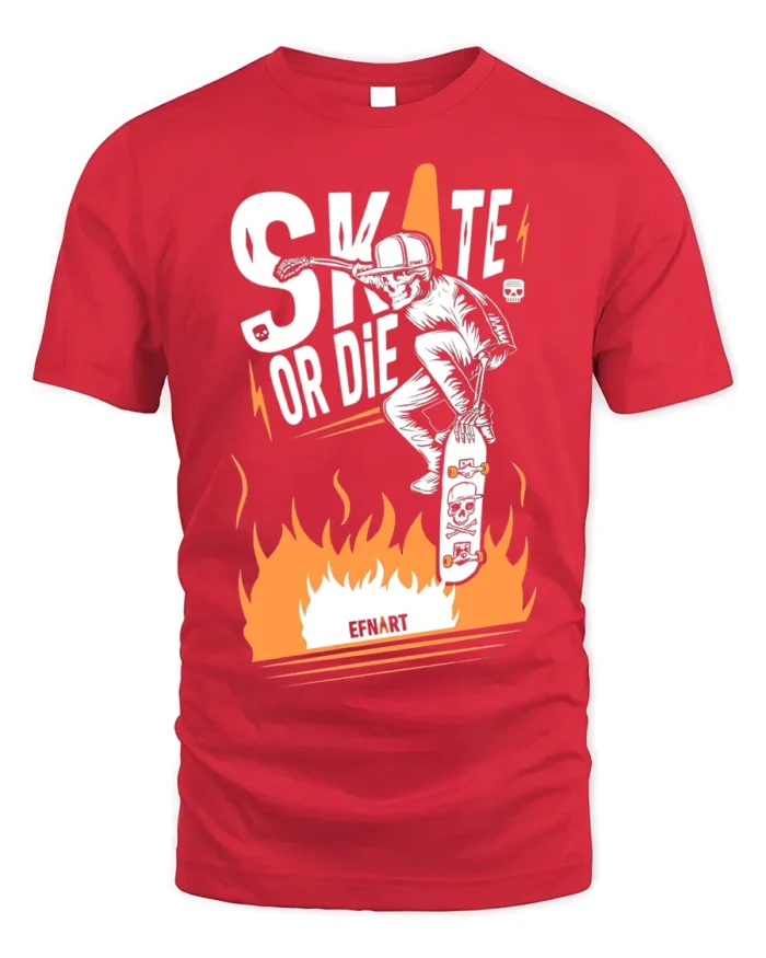 Skate or Die T-Shirt Cool Skull Fire Skater Graphic - red t-shirt on white background