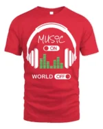Music On World Off T-Shirt Headphones Audio Graphic - red t-shirt on white background