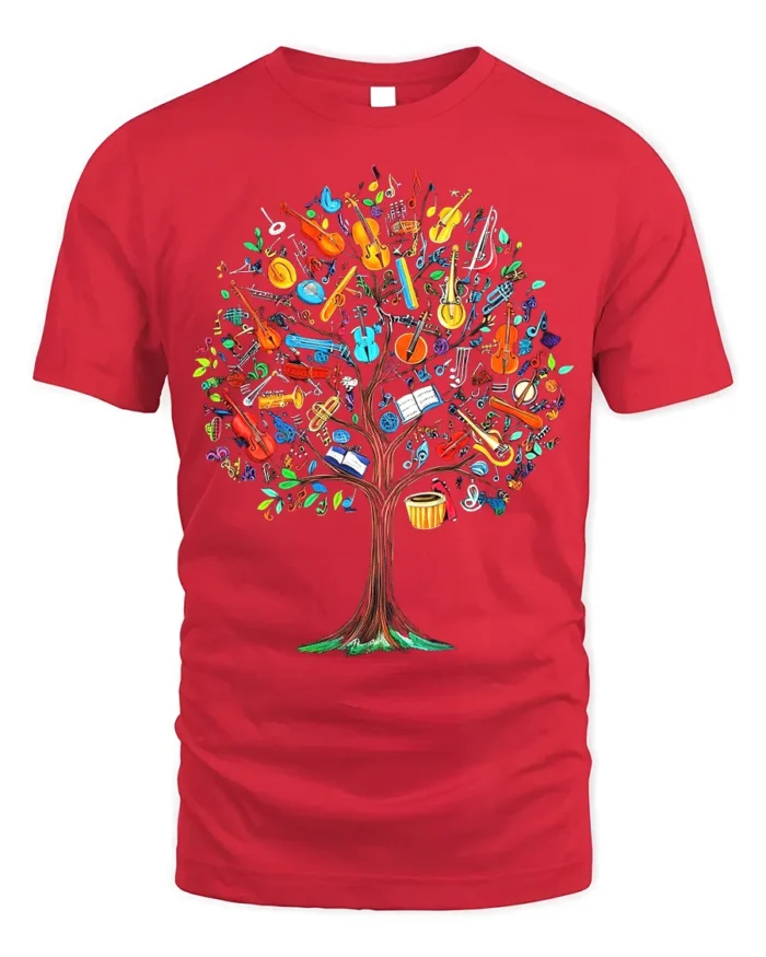 Colorful Music Tree T-Shirt Musical Instruments - red t-shirt on white background