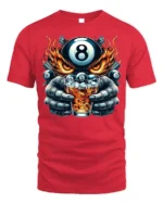 8 Ball Whiskey T-Shirt Billiards Fire Graphic Tee - red t-shirt on white background