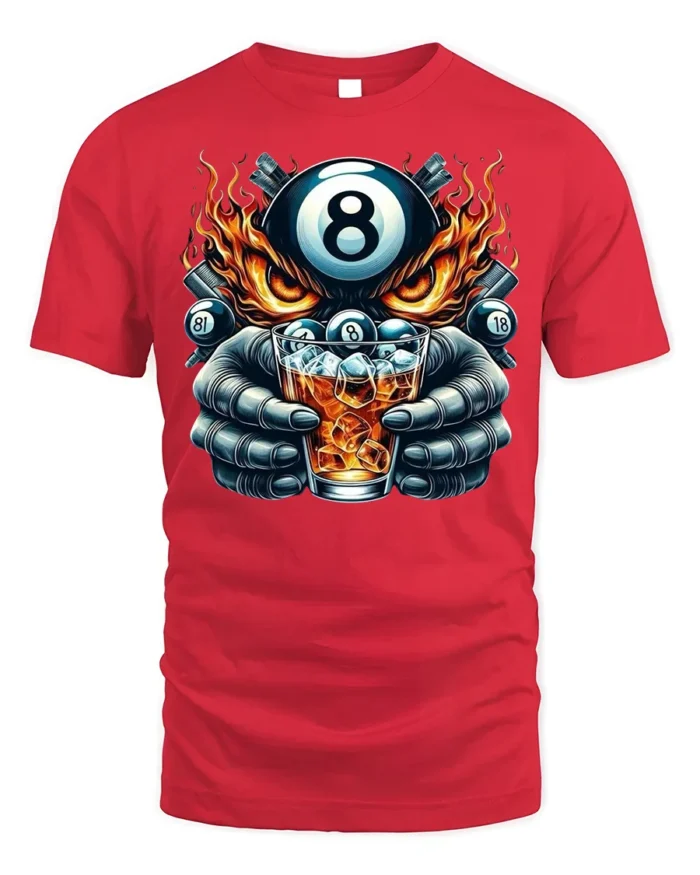 8 Ball Whiskey T-Shirt Billiards Fire Graphic Tee - red t-shirt on white background