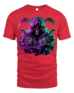 Grim Reaper Smoke T-Shirt Neon Skull Graphic Tee - red t-shirt on white background